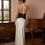 Lace Paneled Satin Halter Backless Maxi Dress