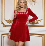 Red Square-Edge Neckline Velvet Short Mini Dress