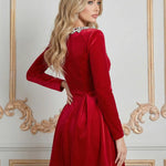 Red Square-Edge Neckline Velvet Short Mini Dress
