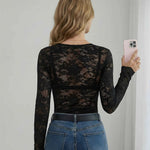 Black Sheer Lace Deep V-Neck Long-Sleeved T-Shirt