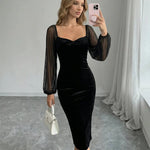 Black Velvet Sweetheart Neck Sheer Puff Sleeve Midi Dress