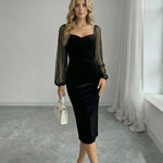 Black Velvet Sweetheart Neck Sheer Puff Sleeve Midi Dress