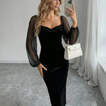 Black Velvet Sweetheart Neck Sheer Puff Sleeve Midi Dress