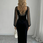 Black Velvet Sweetheart Neck Sheer Puff Sleeve Midi Dress