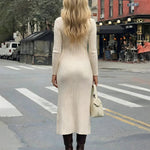 Apricot Ribbed Deep V-Neck Button Front Slit Midi Dress