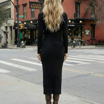 Black Ribbed Deep V-Neck Button Front Slit Midi Dress