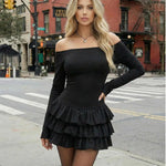 Black Off-Shoulder Tiered Ruffle Bodycon Mini Dress