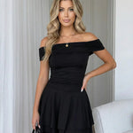 Black Off-Shoulder Layered Ruffle Hem Ruched Mini Dress