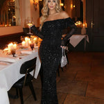 Black Sequin Off-Shoulder Long-Sleeved Bodycon Maxi Dress