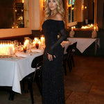Black Sequin Off-Shoulder Long-Sleeved Bodycon Maxi Dress