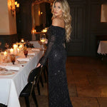 Black Sequin Off-Shoulder Long-Sleeved Bodycon Maxi Dress