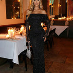 Black Sequin Off-Shoulder Long-Sleeved Bodycon Maxi Dress