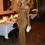 Khaki Sequin Off-Shoulder Long-Sleeved Bodycon Maxi Dress