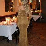 Khaki Sequin Off-Shoulder Long-Sleeved Bodycon Maxi Dress
