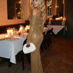 Khaki Sequin Off-Shoulder Long-Sleeved Bodycon Maxi Dress