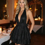 Black Halter Deep V-Neck Tiered Ruffle Hem Mini Dress