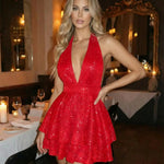 Red Halter Deep V-Neck Tiered Ruffle Hem Mini Dress