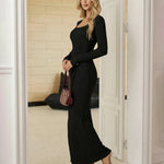 Black Ribbed Front Twist High Slit Maxi Dress