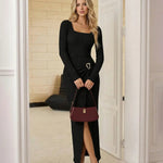 Black Ribbed Front Twist High Slit Maxi Dress