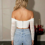 White Off-Shoulder Corset Sheer Ruched Sleeves Top