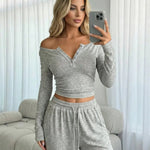 Ribbed Half-Open Neck Top And Wide-Leg Pants Set