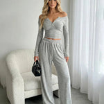 Ribbed Half-Open Neck Top And Wide-Leg Pants Set