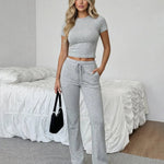 Gray Cropped Top And Wide-Leg Pants Set