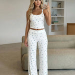 White Floral Print Cami Top And Wide Leg Pants Set