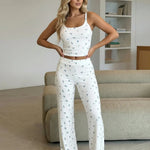 White Floral Print Cami Top And Wide Leg Pants Set