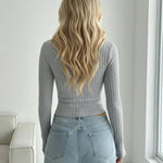Gray Ribbed Sweetheart Neck Long-Sleeved Shirts