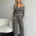 Half-Open Neck Cropped Top And Wide-Leg Pants Set