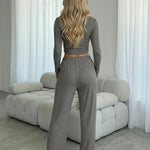 Half-Open Neck Cropped Top And Wide-Leg Pants Set