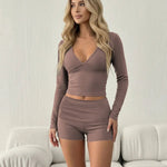 Brown V-Neck Cropped Top And Shorts Set