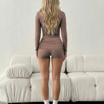 Brown V-Neck Cropped Top And Shorts Set
