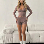 Brown V-Neck Cropped Top And Shorts Set