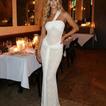 White One Shoulder Lace Twisted Knot Maxi Dress