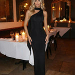 Black Satin One Shoulder Side Slit Bodycon Maxi Dress