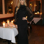 Black Sheer Puff Sleeve Maxi Dress With Pearl