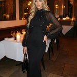 Black Sheer Puff Sleeve Maxi Dress With Pearl