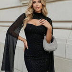 Black Glitter Cutout Mini Dress With Sheer Cape Sleeves