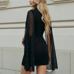 Black Glitter Cutout Mini Dress With Sheer Cape Sleeves