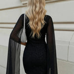 Black Glitter Cutout Mini Dress With Sheer Cape Sleeves