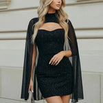 Black Glitter Cutout Mini Dress With Sheer Cape Sleeves