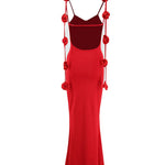 Red Satin Spaghetti Strap Maxi Dress With Rose Accents