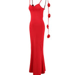 Red Satin Spaghetti Strap Maxi Dress With Rose Accents
