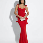 Red Satin Spaghetti Strap Maxi Dress With Rose Accents