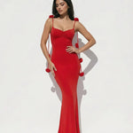 Red Satin Spaghetti Strap Maxi Dress With Rose Accents