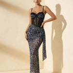 Gray Leopard Print Sheer Lace Corset Maxi Dress