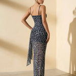 Gray Leopard Print Sheer Lace Corset Maxi Dress