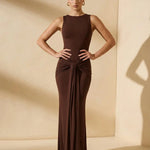 Brown Sleeveless Twist-Front Maxi Dress